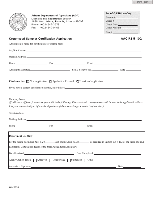 Cottonseed Sampler Certification Application Form - Arizona