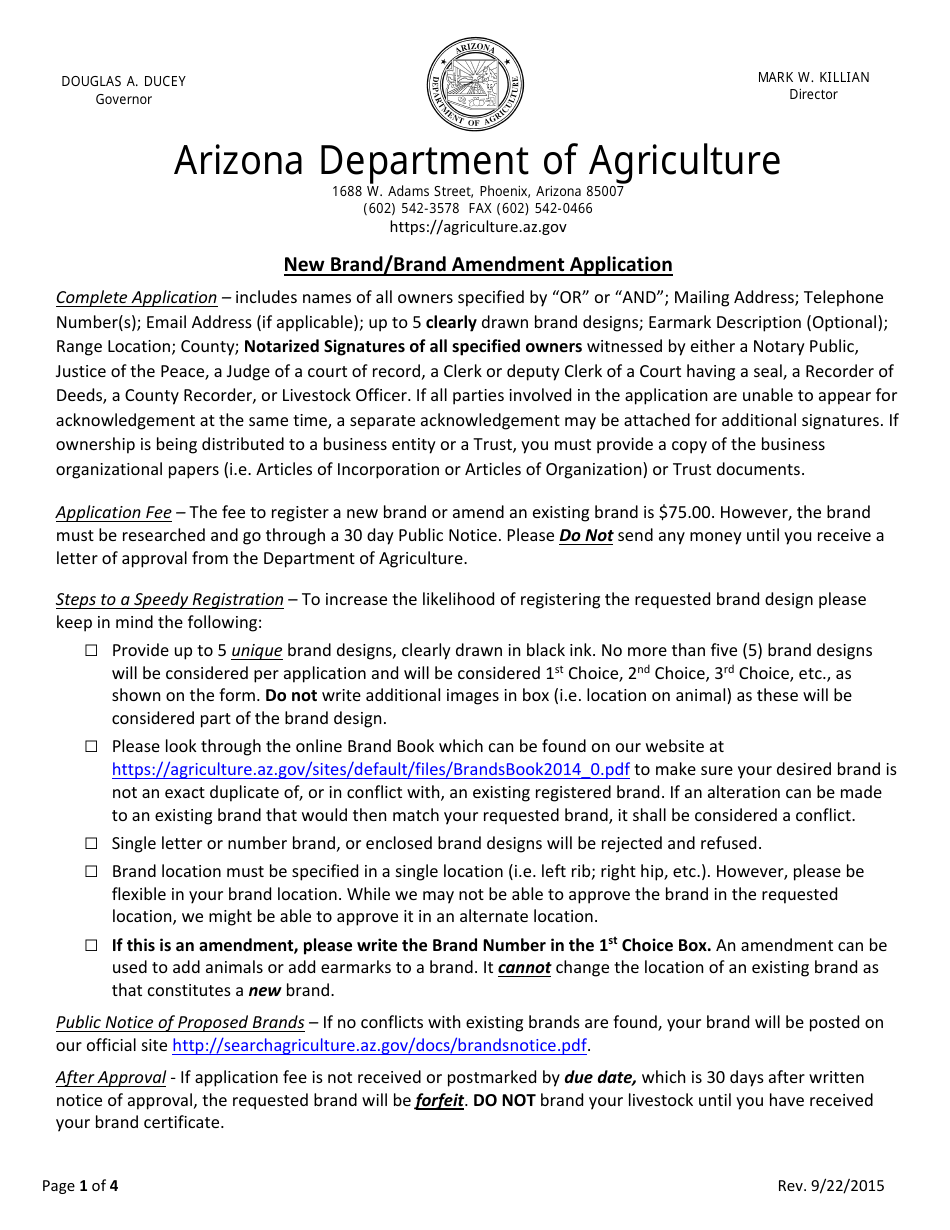 New Brand / Brand Amendment Application Form - Arizona, Page 1