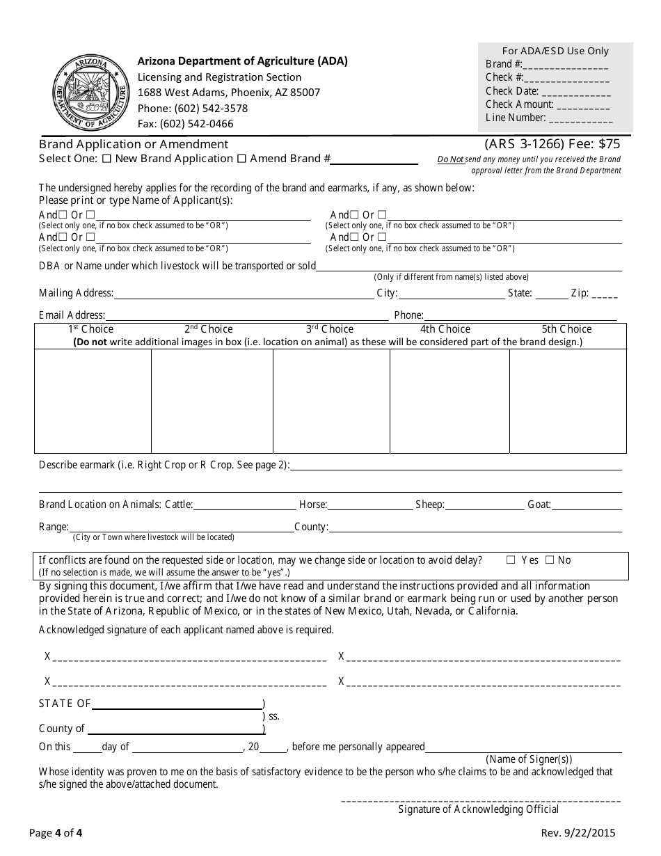 New Brand / Brand Amendment Application Form - Arizona, Page 4