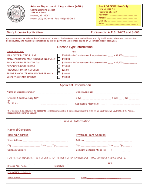 Dairy License Application Form - Arizona