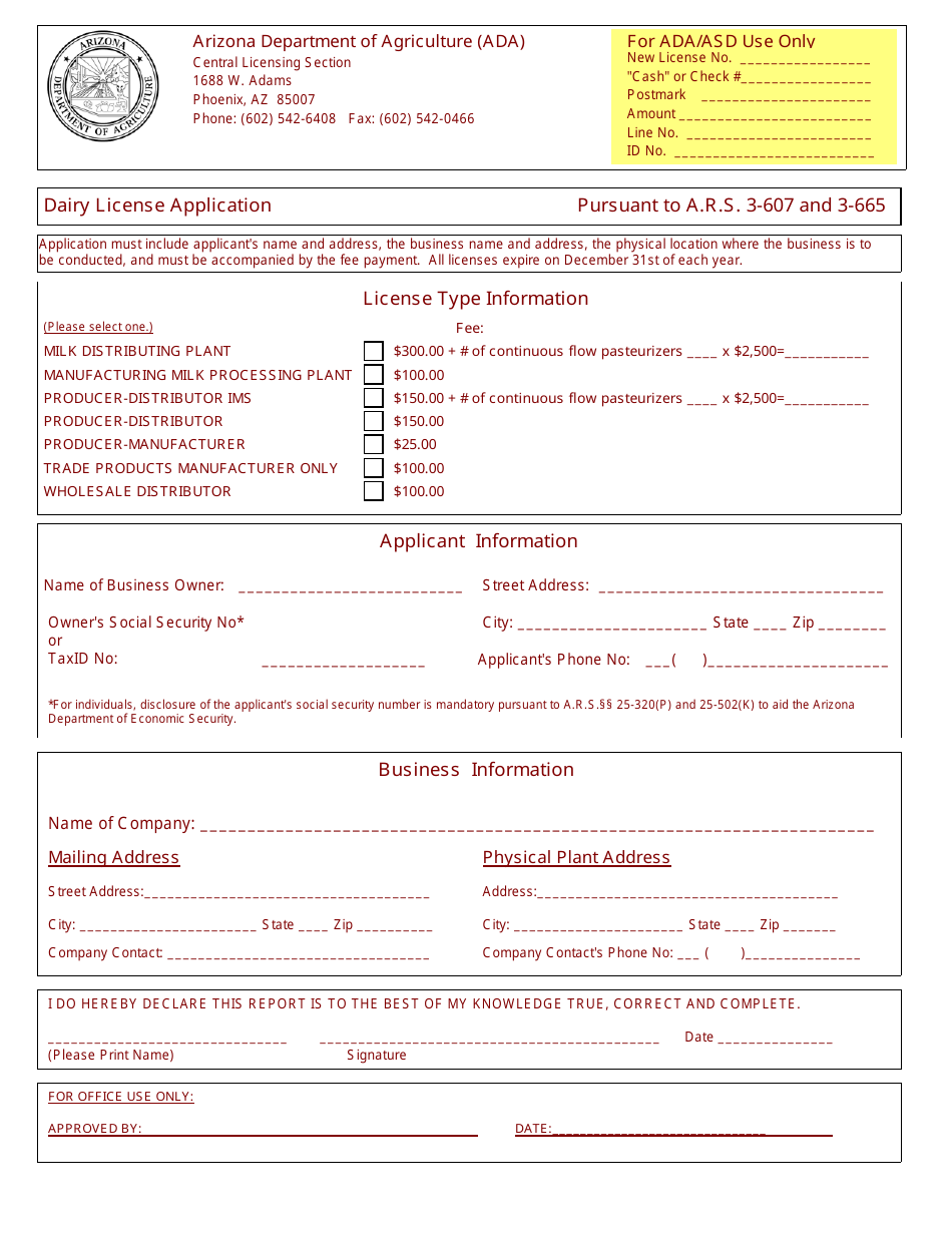 Dairy License Application Form - Arizona, Page 1