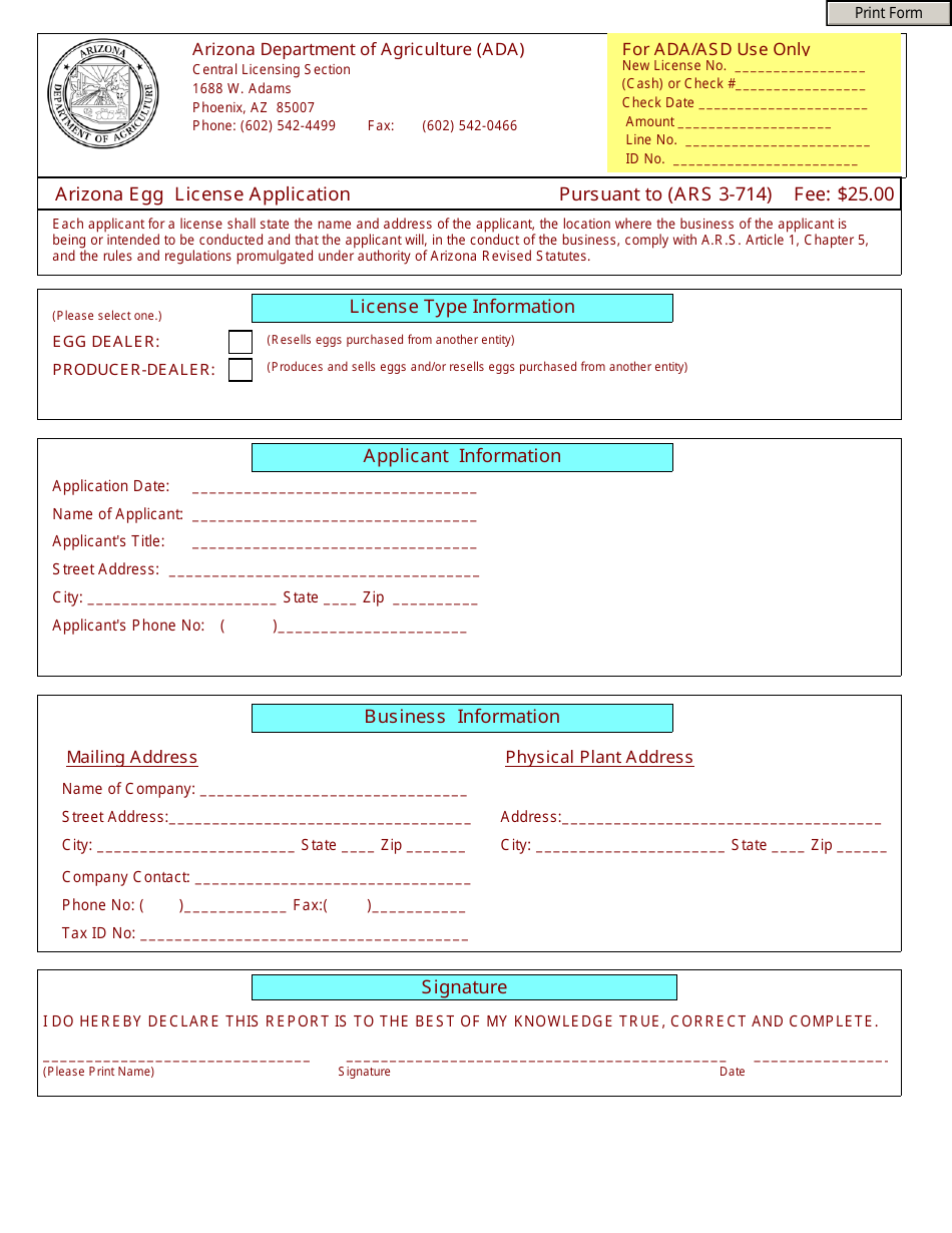 Arizona Egg License Application Form - Arizona, Page 1