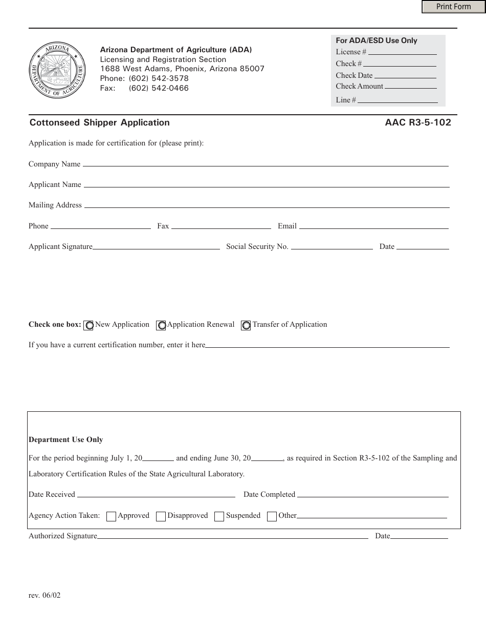 Cottonseed Shipper Application Form - Arizona, Page 1