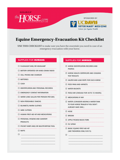 Equine Emergency-Evacuation Kit Checklist - Arizona