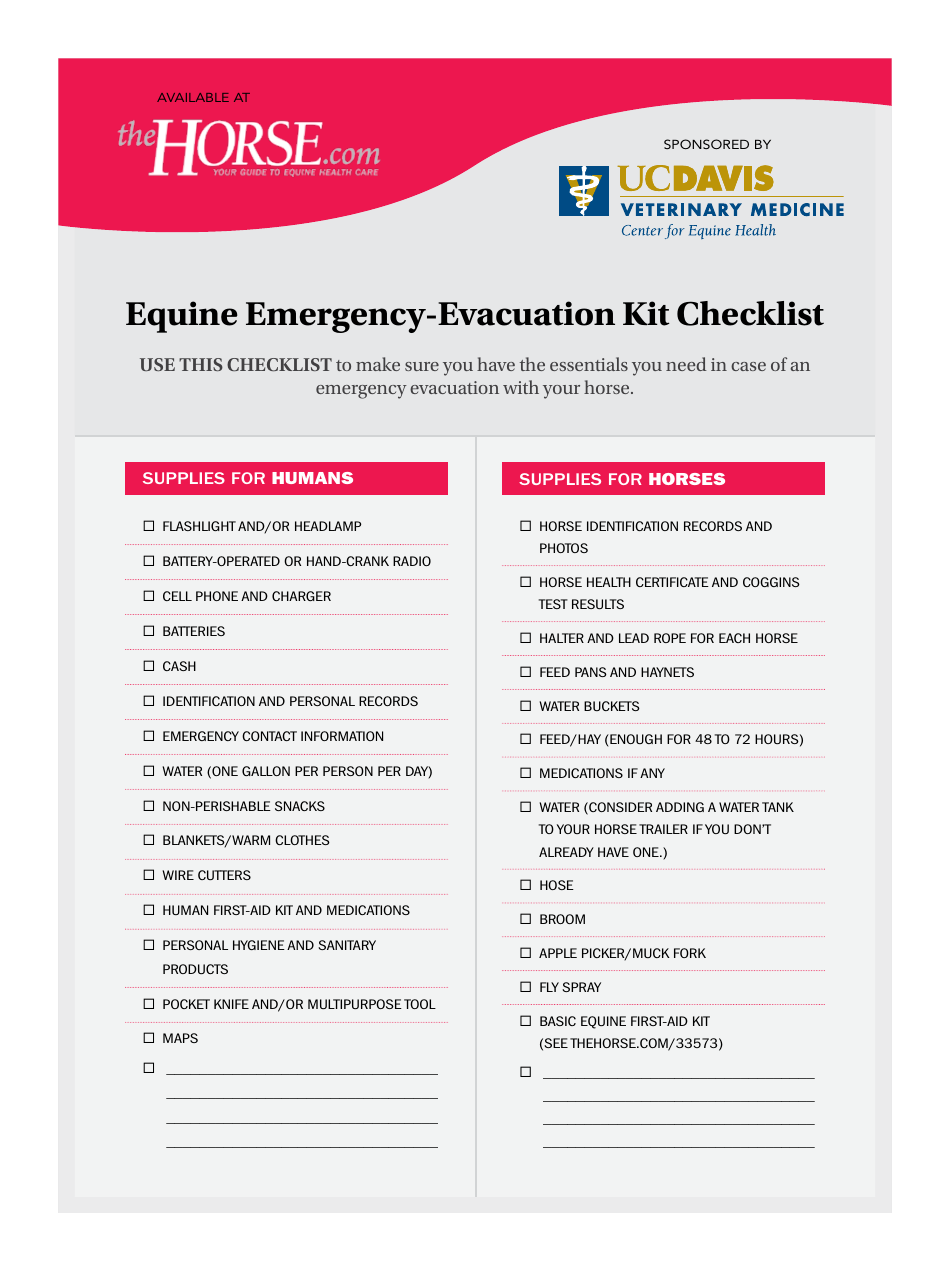 Equine Emergency-Evacuation Kit Checklist - Arizona, Page 1