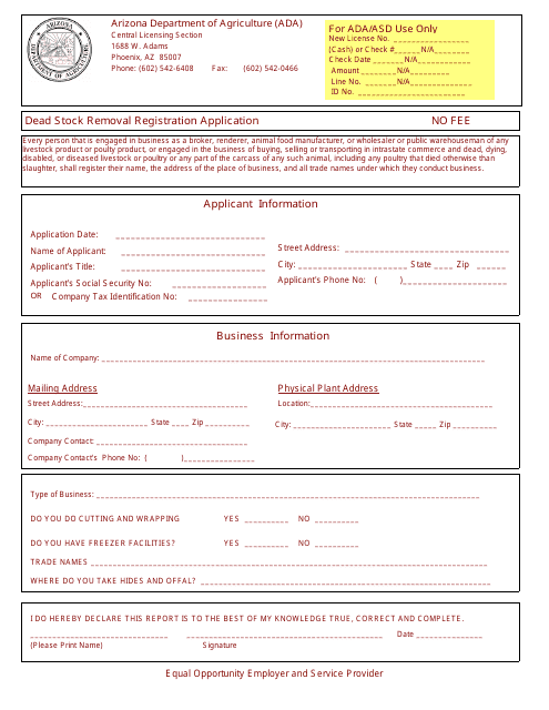 Dead Stock Removal Registration Application Form - Arizona