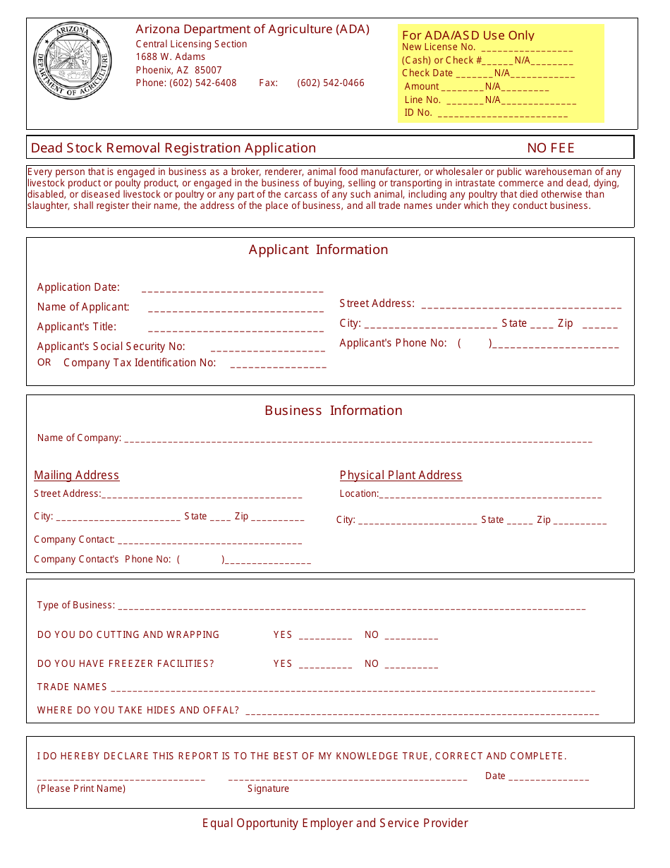 Dead Stock Removal Registration Application Form - Arizona, Page 1