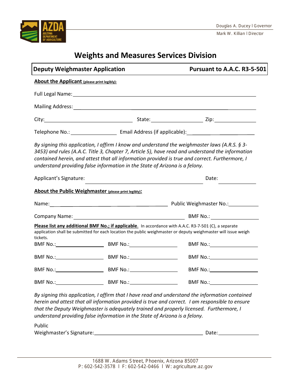Deputy Weighmaster Application Form - Arizona, Page 1