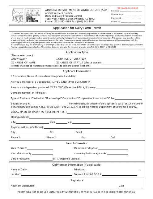 Application for Dairy Farm Permit - Arizona