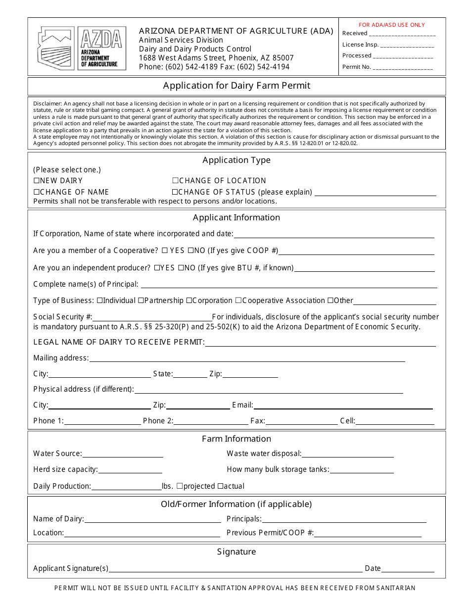 Arizona Application for Dairy Farm Permit Fill Out, Sign Online and