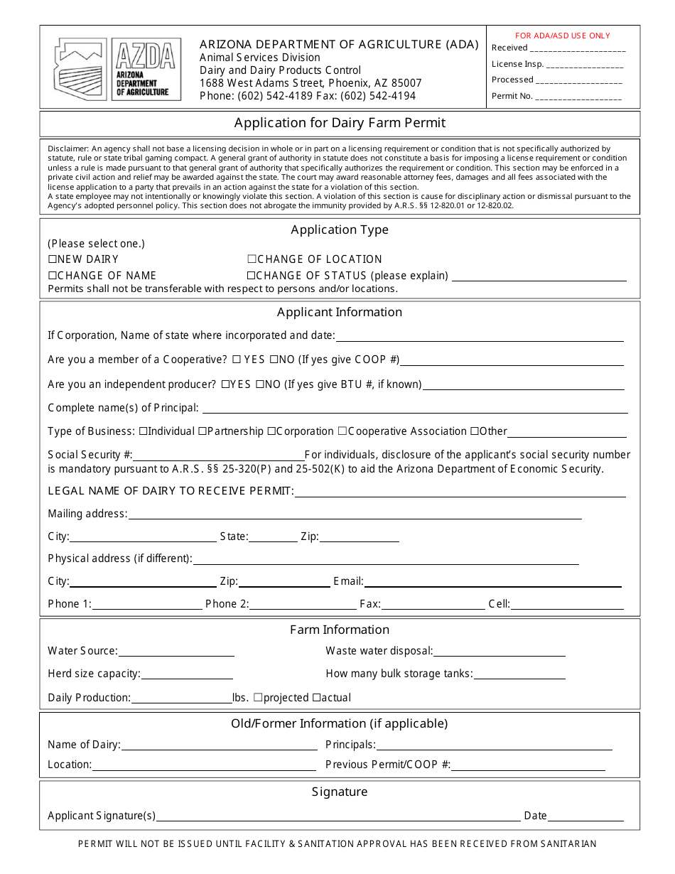 Application for Dairy Farm Permit - Arizona, Page 1