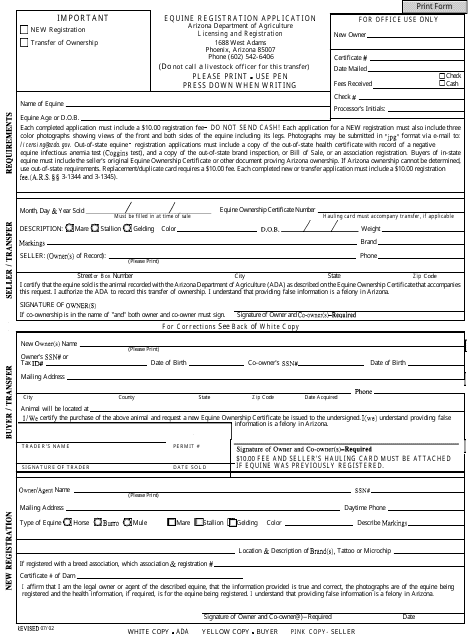 Equine Registration Application Form - Arizona