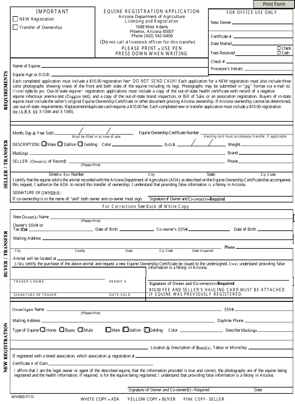 Equine Registration Application Form - Arizona, Page 1