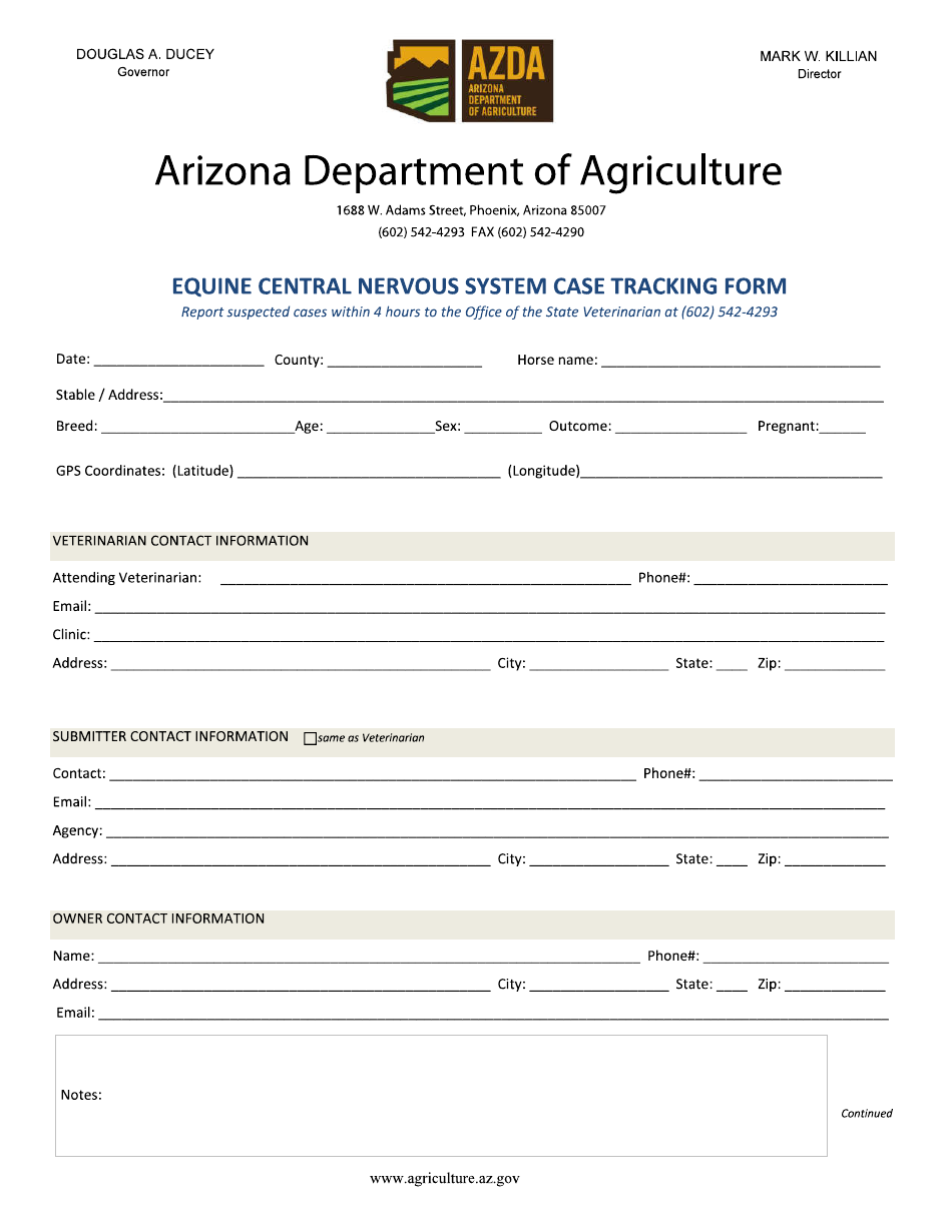 Equine Central Nervous System Case Tracking Form - Arizona, Page 1