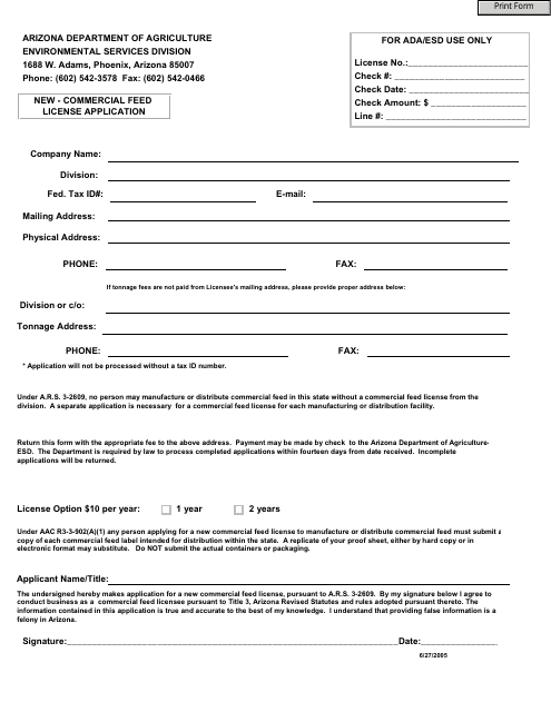 New Commercial Feed License Application Form - Arizona