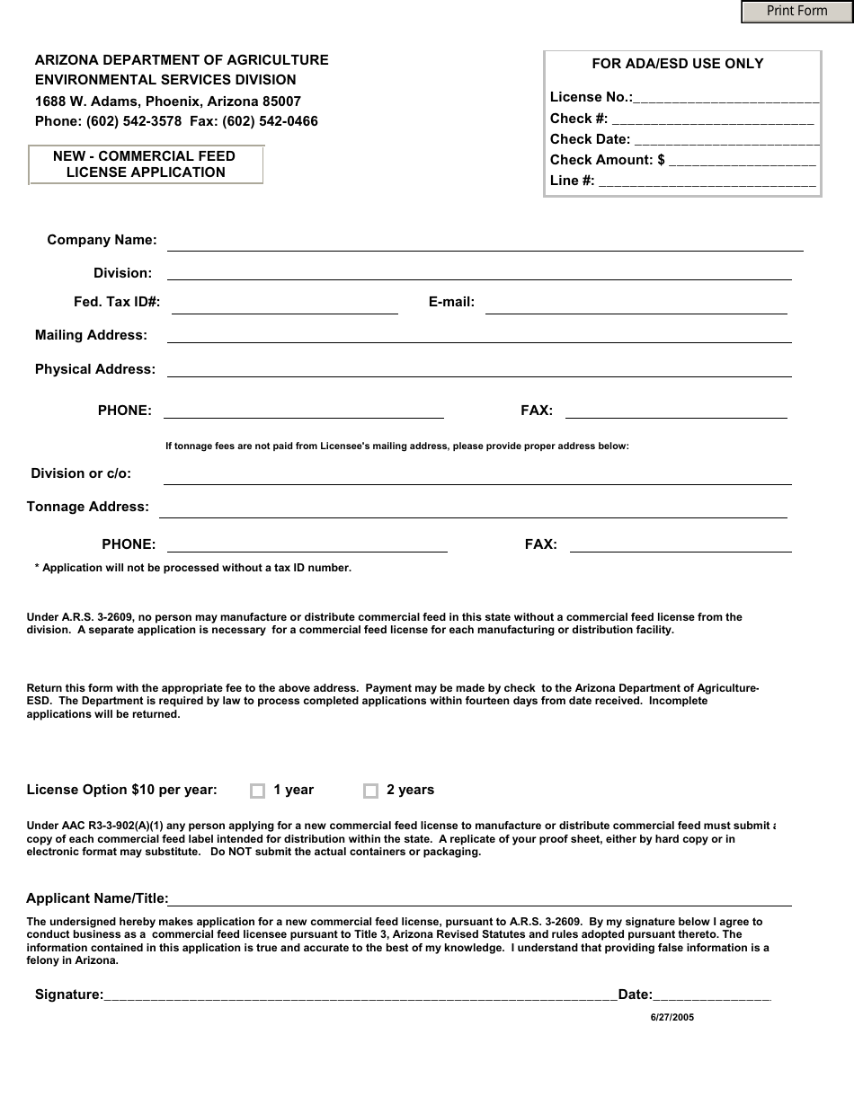 New Commercial Feed License Application Form - Arizona, Page 1