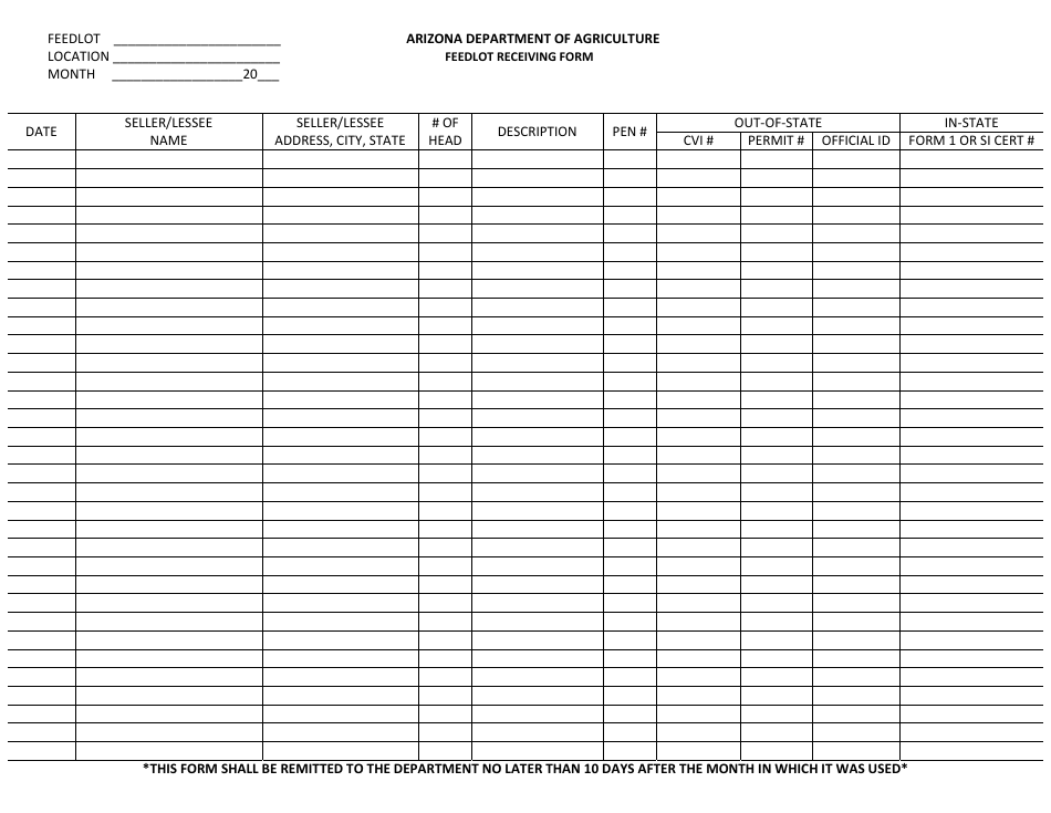 Arizona Feedlot Receiving Form - Fill Out, Sign Online and Download PDF ...