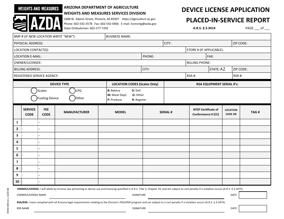 Form DWM-38D Device License Application / Placed-in-service Report (Pisr) - Arizona, Page 3
