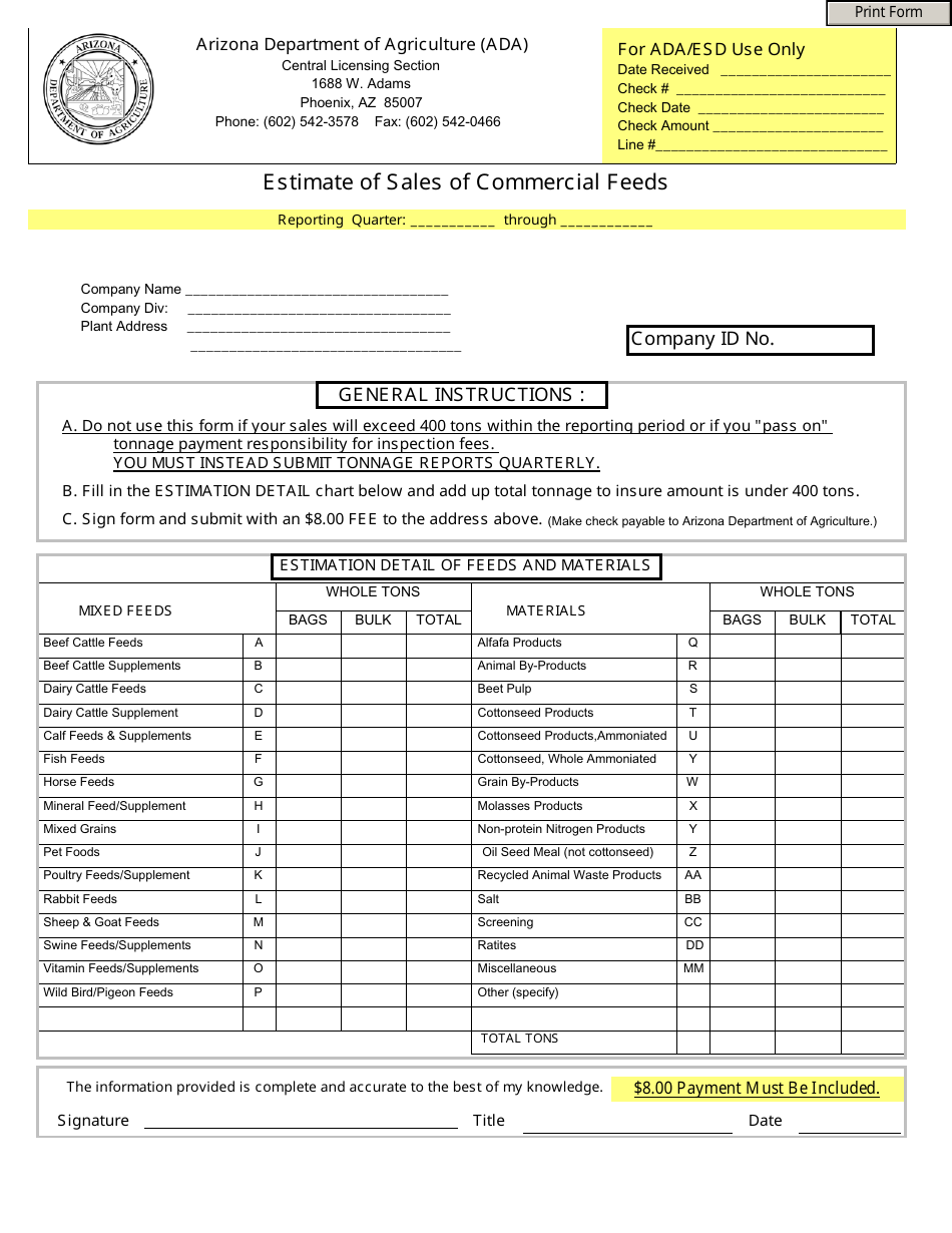 Estimate of Sales of Commercial Feeds - Arizona, Page 1