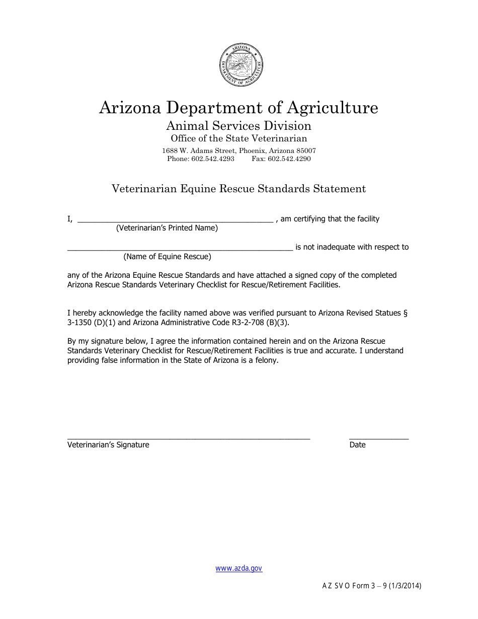 AZ SVO Form 3 Equine Rescue Standards Veterinary Checklist - Arizona, Page 1