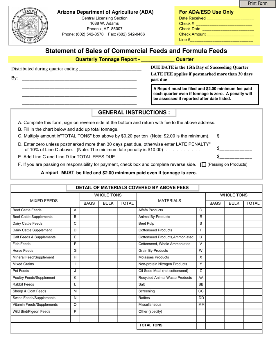 Arizona Statement of Sales of Commercial Feeds and Formula Feeds