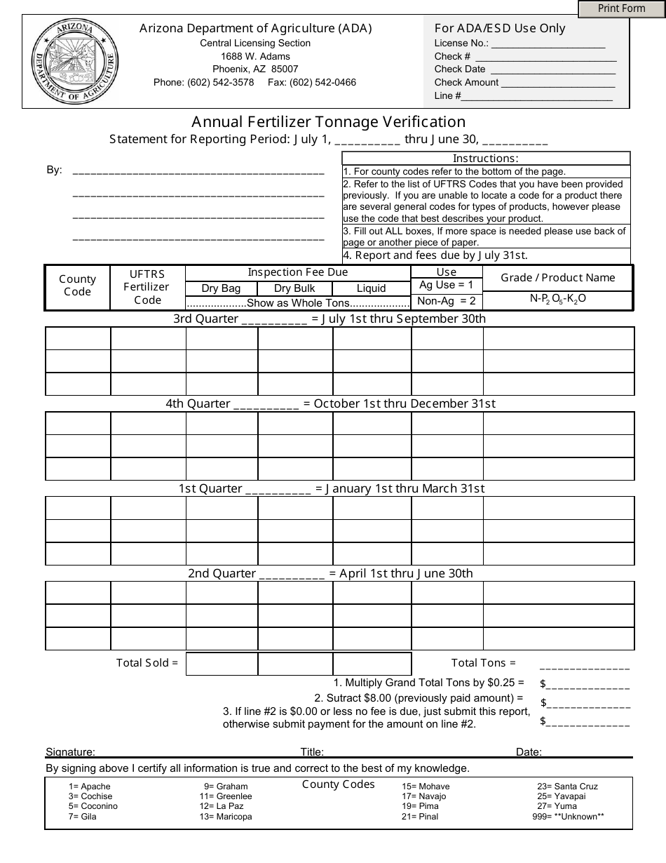 Annual Fertilizer Tonnage Verification Form - Arizona, Page 1