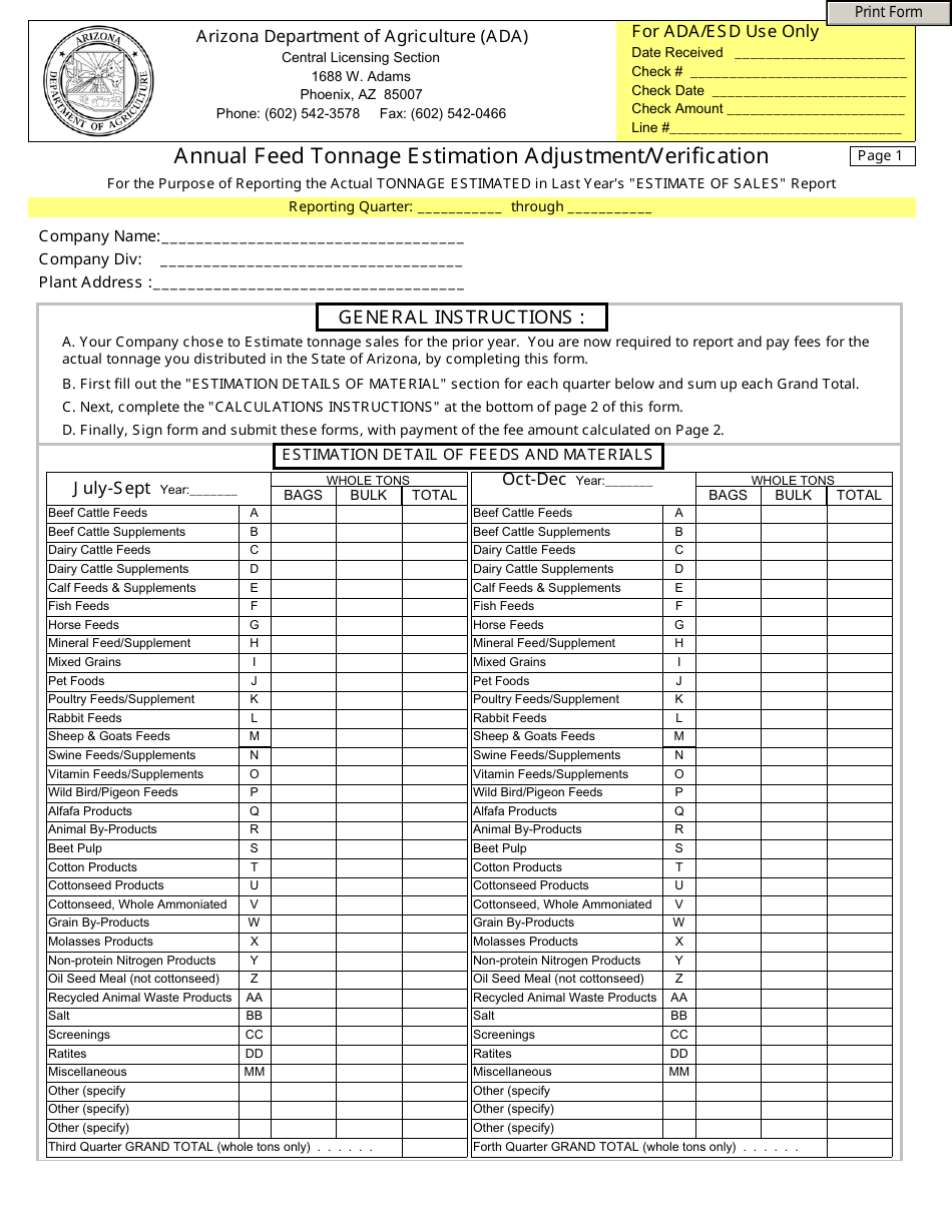Annual Feed Tonnage Estimation Adjustment / Verification Form - Arizona, Page 1