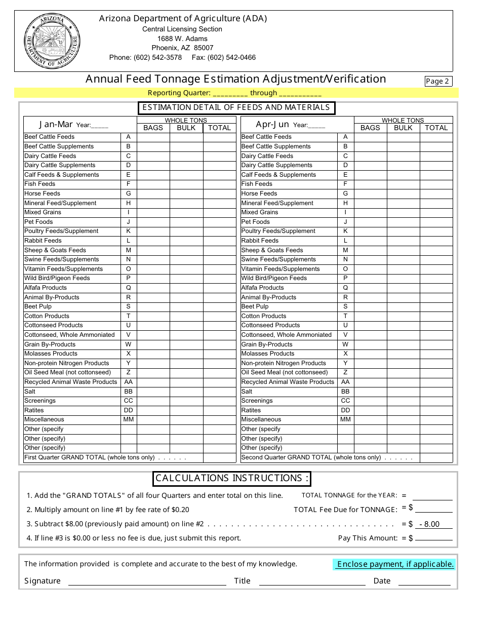 Arizona Annual Feed Tonnage Estimation Adjustment/Verification Form ...