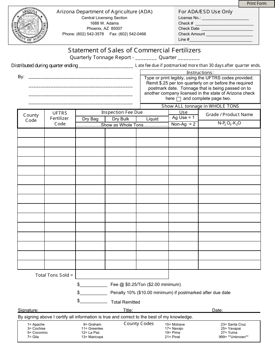 Arizona Statement of Sales of Commercial Fertilizers - Fill Out, Sign ...