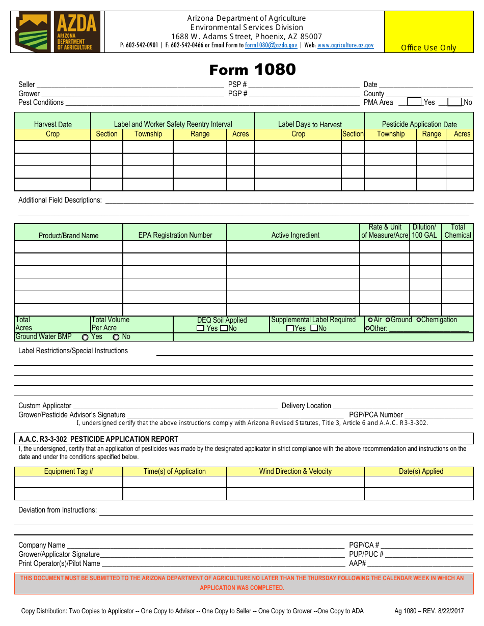 Form AG1080 Pesticide Application Records Submission - Arizona, Page 1