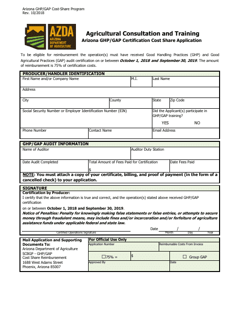 Arizona Ghp / Gap Certification Cost Share Application Form - Arizona Download Pdf