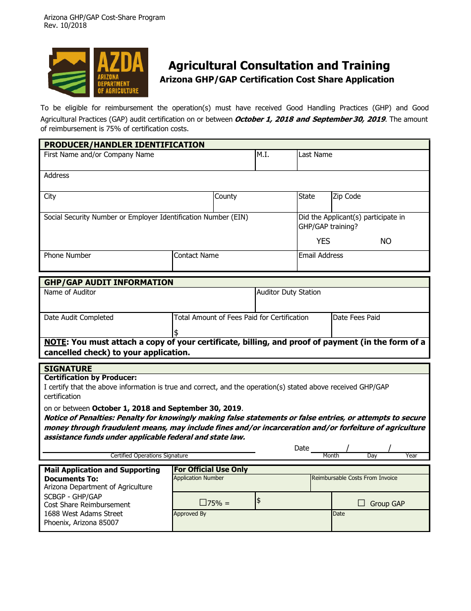 Arizona Ghp / Gap Certification Cost Share Application Form - Arizona, Page 1
