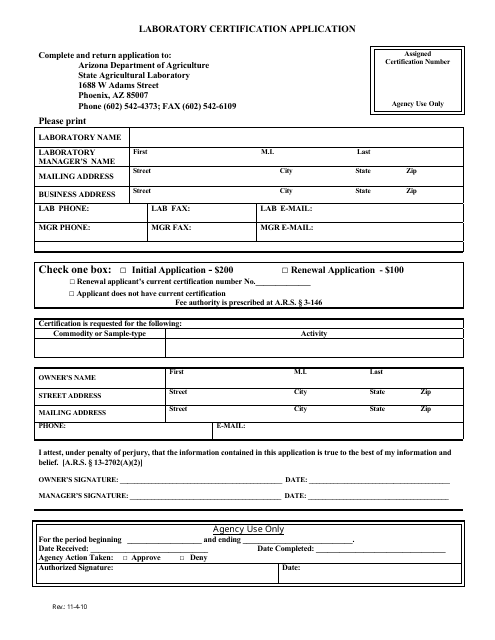 Laboratory Certification Application Form - Arizona