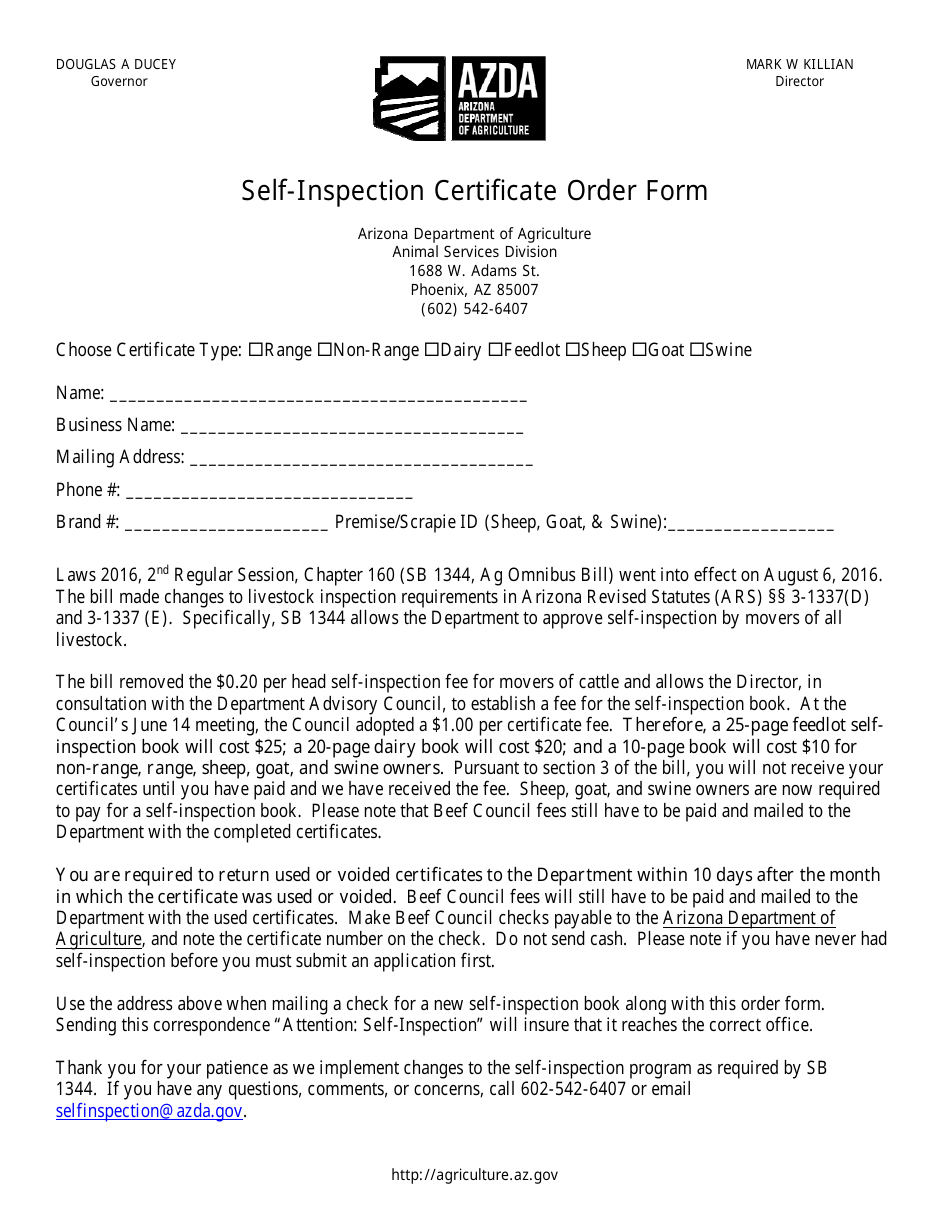 Self-inspection Certificate Order Form - Arizona, Page 1