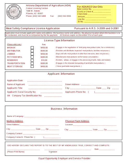 Meat Safety Compliance License Application Form - Arizona