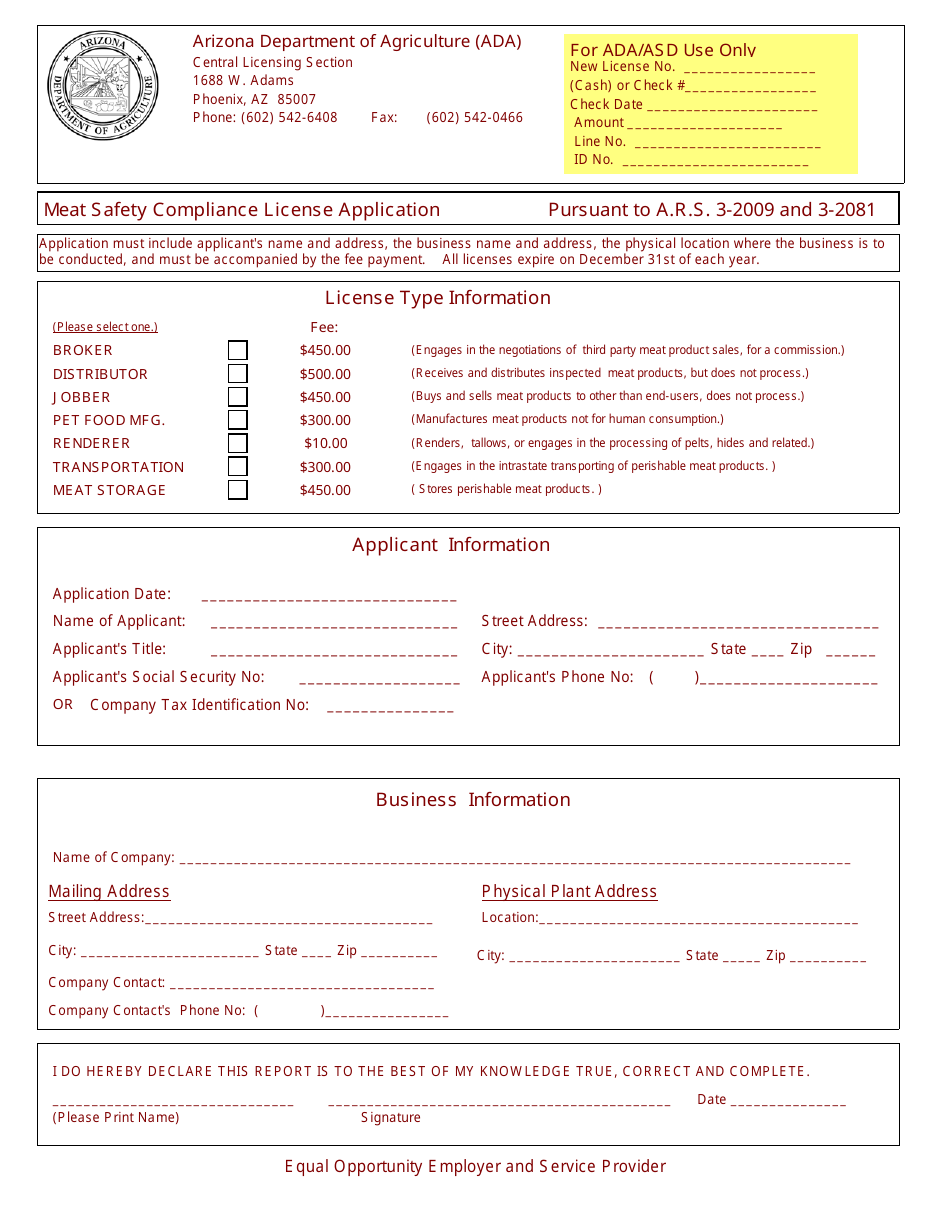 Meat Safety Compliance License Application Form - Arizona, Page 1
