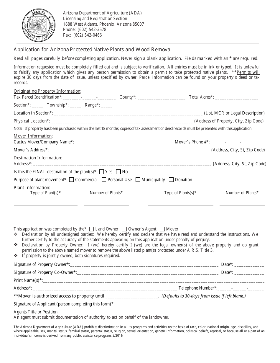 Application for Arizona Protected Native Plants and Wood Removal - Arizona, Page 1