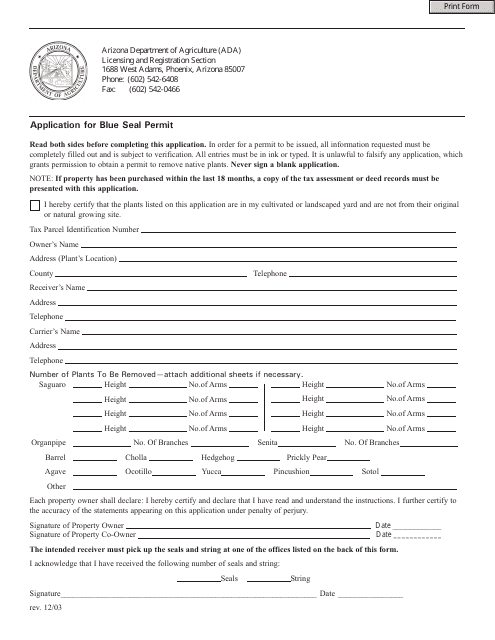 Application for Blue Seal Permit - Arizona Download Pdf