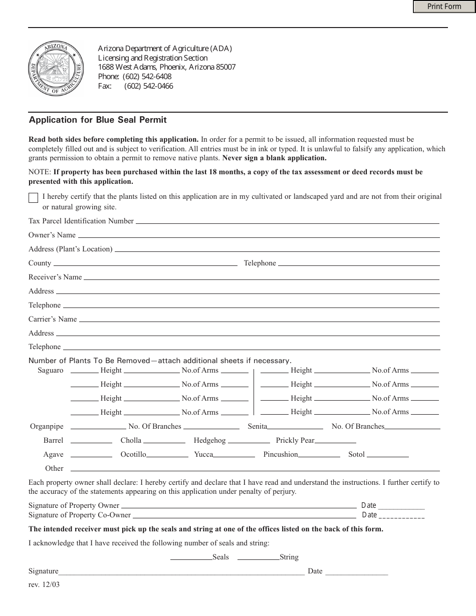 Application for Blue Seal Permit - Arizona, Page 1
