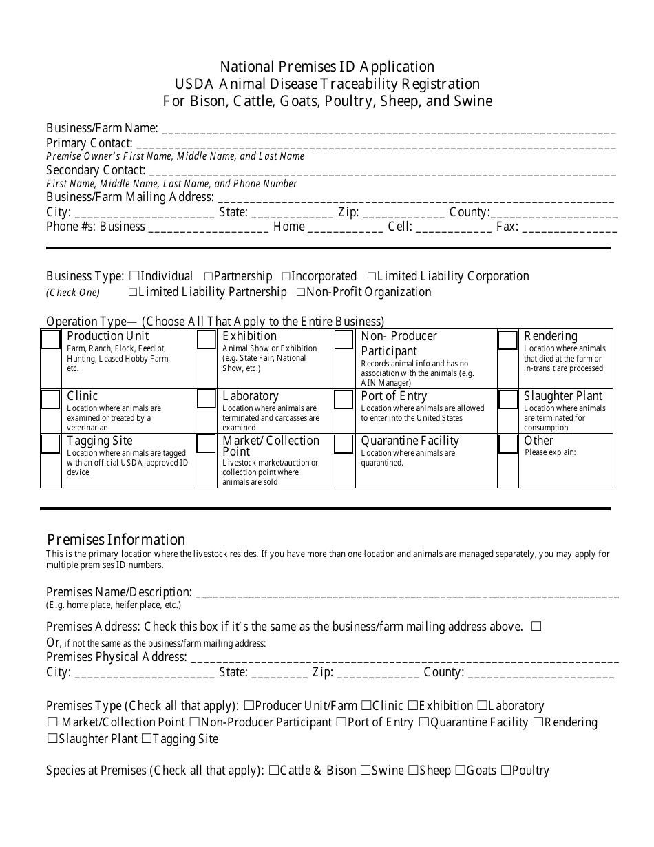 National Premises Id Application Form - Usda Animal Disease Traceability Registration for Bison, Cattle, Goats, Poultry, Sheep, and Swine - Arizona, Page 1