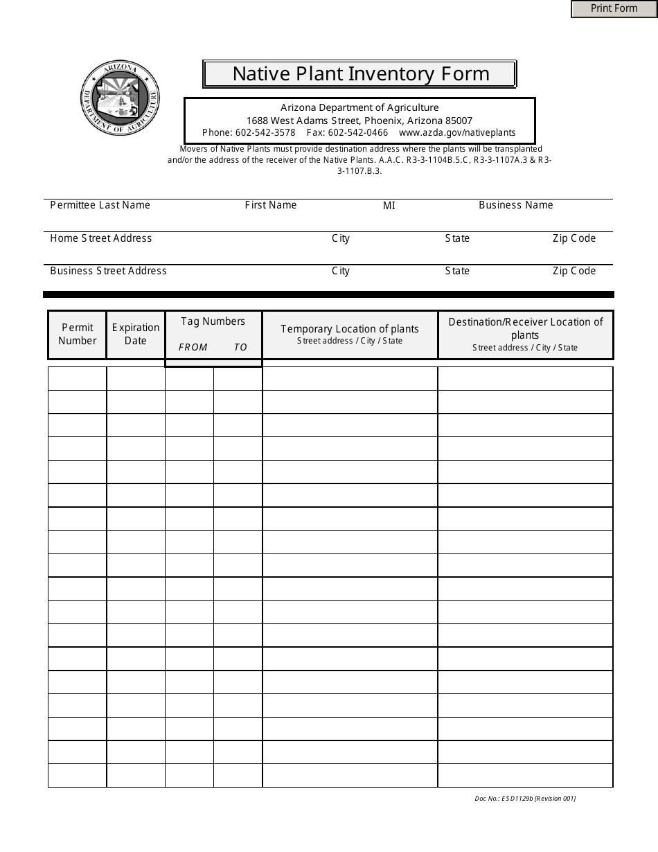 Form ESD1129B Native Plant Inventory Form - Arizona, Page 1