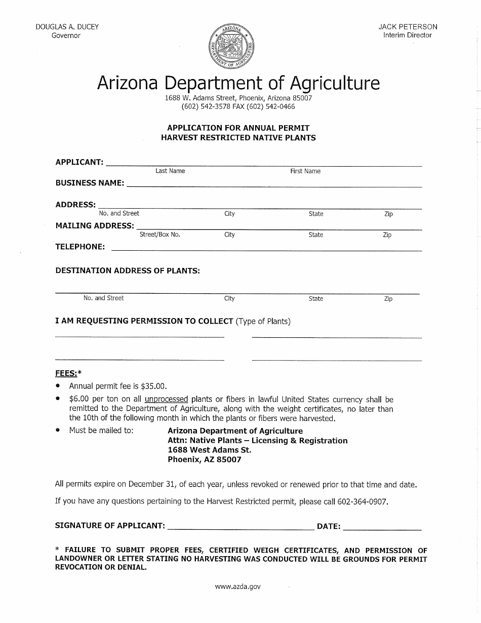Arizona Application for Annual Permit Harvest Restricted Native Plants