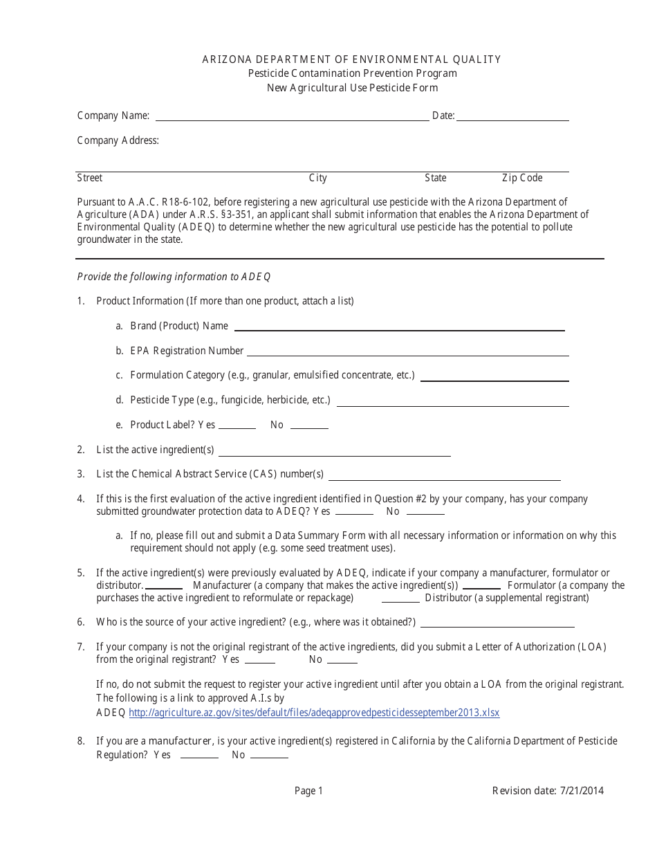 New Agricultural Use Pesticide Form - Arizona, Page 1