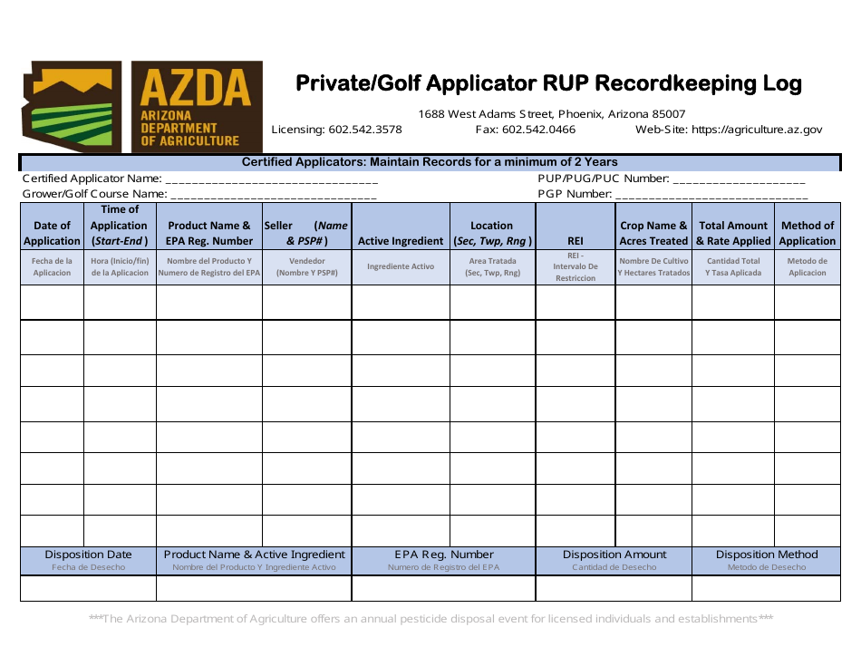 Private / Golf Applicator Rup Recordkeeping Log - Arizona, Page 1