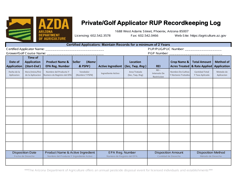 Private / Golf Applicator Rup Recordkeeping Log - Arizona Download Pdf