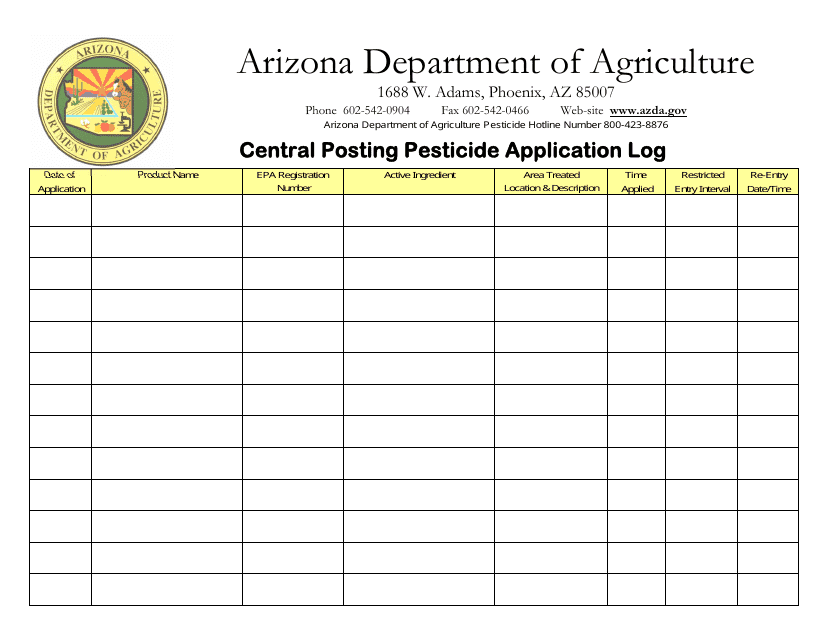 Central Posting Pesticide Application Log - Arizona Download Pdf