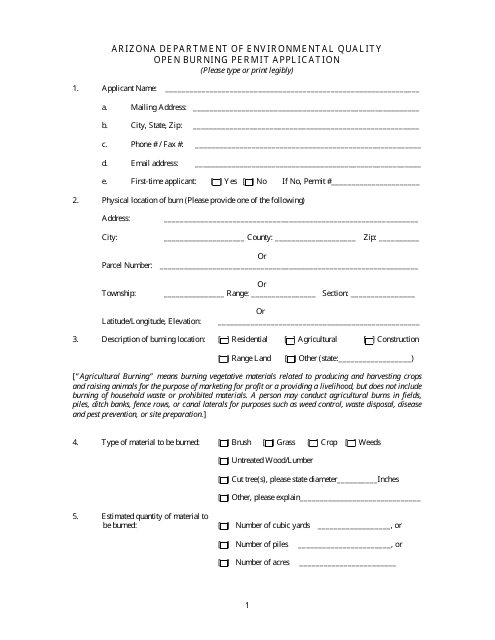 Open Burning Permit Application Form - Arizona Download Pdf
