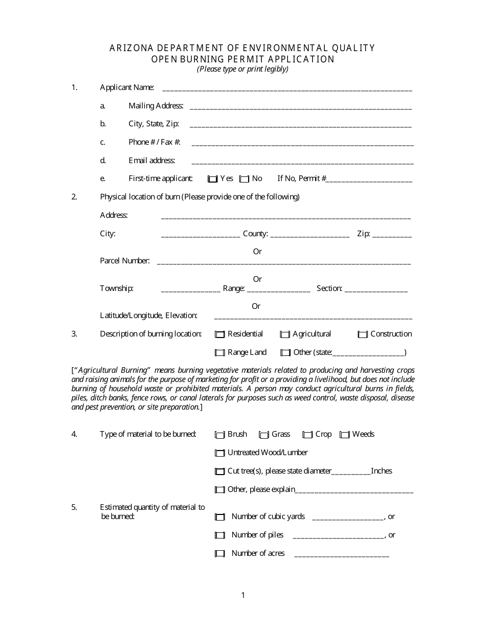 Open Burning Permit Application Form - Arizona, Page 1