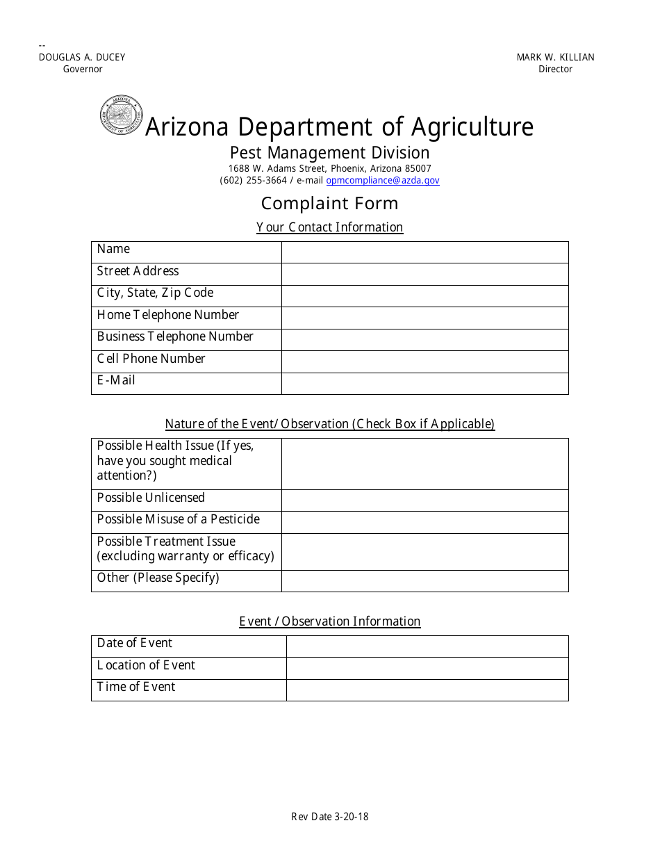 Arizona Complaint Form Fill Out, Sign Online and Download PDF