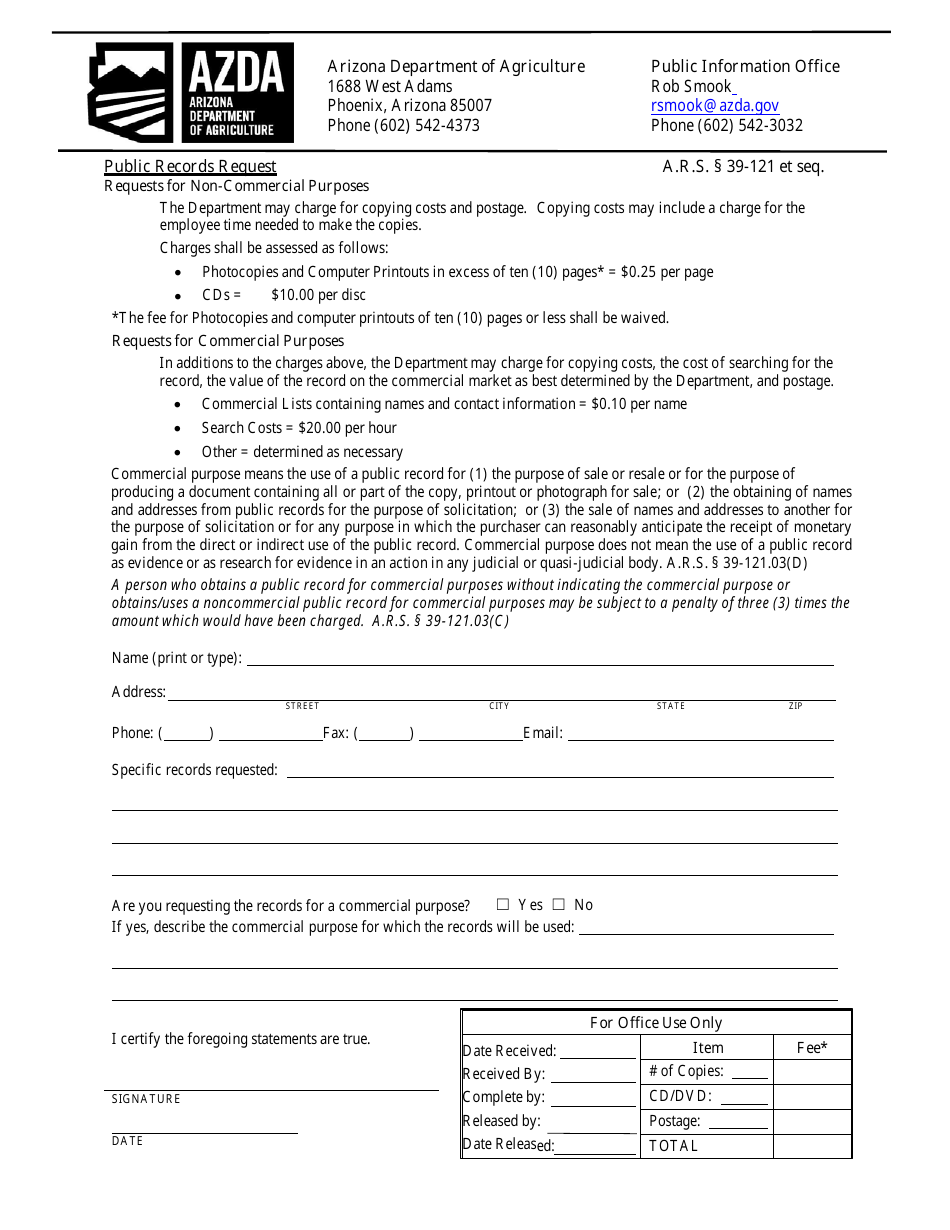 Public Records Request Form - Arizona, Page 1